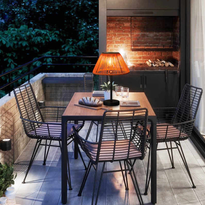Traditional Farmhouse Waterproof Solar Rechargeable Weaving Gum Rattan Iron Conic LED Outdoor Table Lamp For Garden | Stornfield