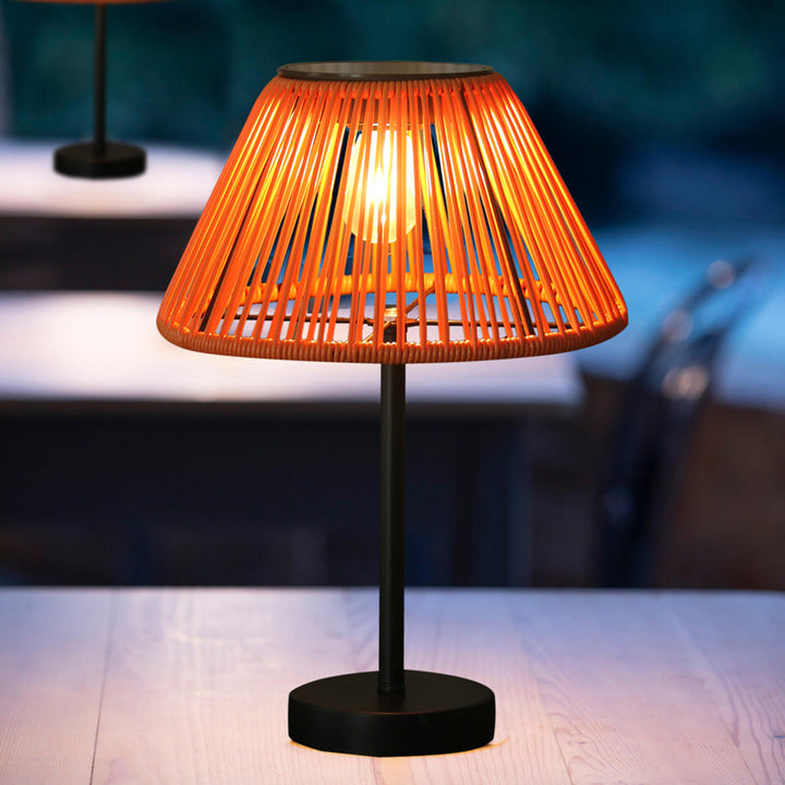 Traditional Farmhouse Waterproof Solar Rechargeable Weaving Gum Rattan Iron Conic LED Outdoor Table Lamp For Garden | Stornfield