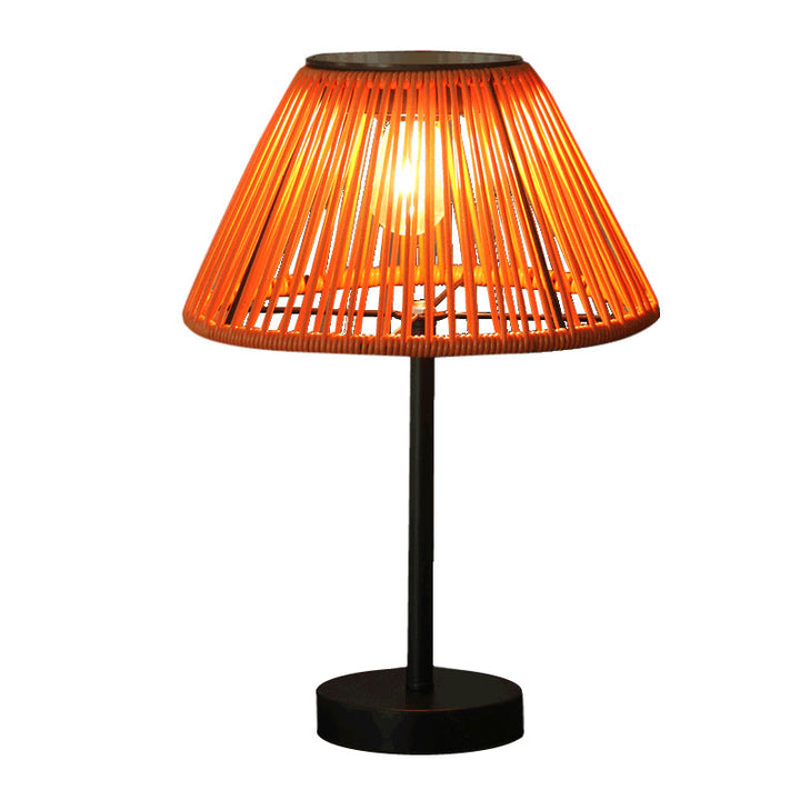Traditional Farmhouse Waterproof Solar Rechargeable Weaving Gum Rattan Iron Conic LED Outdoor Table Lamp For Garden | Stornfield