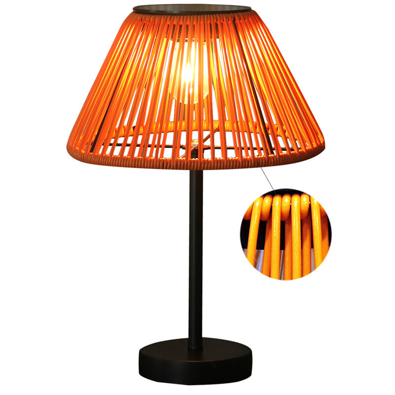 Traditional Farmhouse Waterproof Solar Rechargeable Weaving Gum Rattan Iron Conic LED Outdoor Table Lamp For Garden | Stornfield
