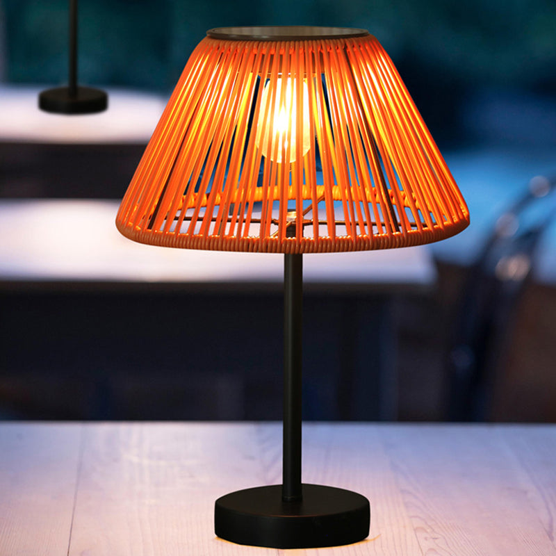 Traditional Farmhouse Waterproof Solar Rechargeable Weaving Gum Rattan Iron Conic LED Outdoor Table Lamp For Garden | Stornfield