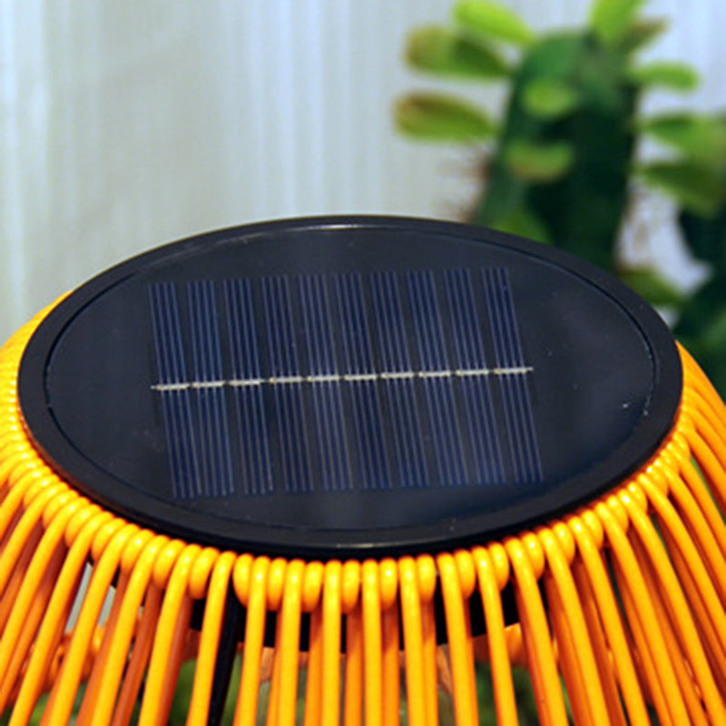 Traditional Farmhouse Waterproof Solar Rechargeable Weaving Gum Rattan Iron Conic LED Outdoor Table Lamp For Garden | Stornfield