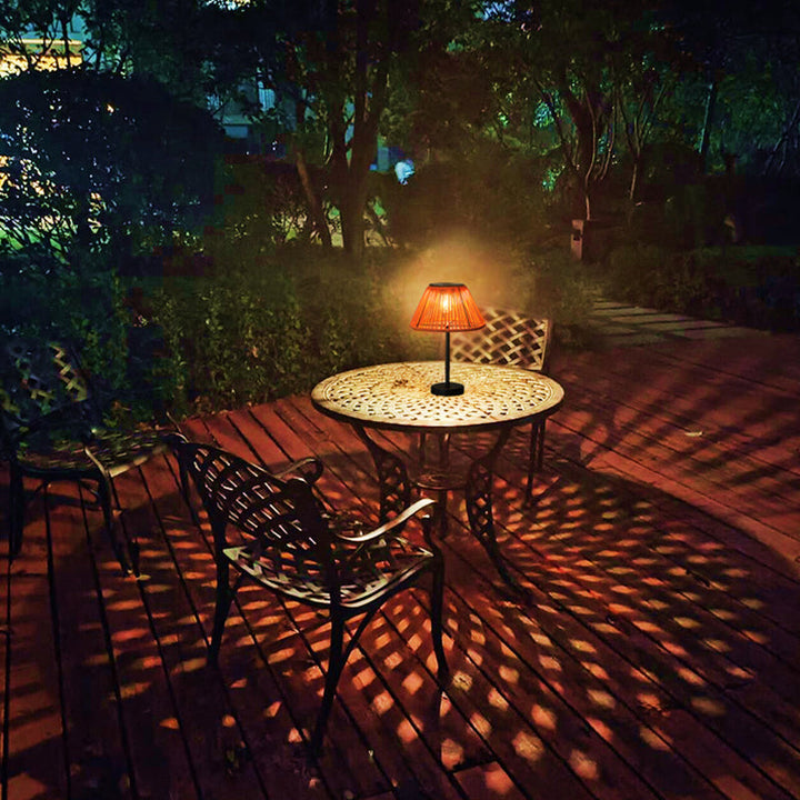Traditional Farmhouse Waterproof Solar Rechargeable Weaving Gum Rattan Iron Conic LED Outdoor Table Lamp For Garden | Stornfield