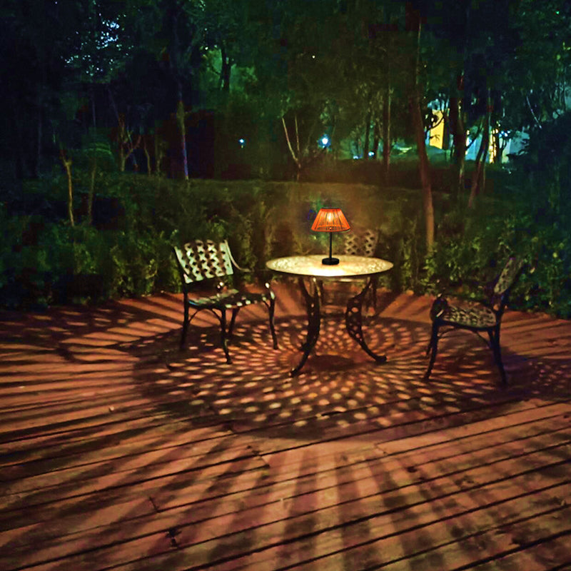 Traditional Farmhouse Waterproof Solar Rechargeable Weaving Gum Rattan Iron Conic LED Outdoor Table Lamp For Garden | Stornfield