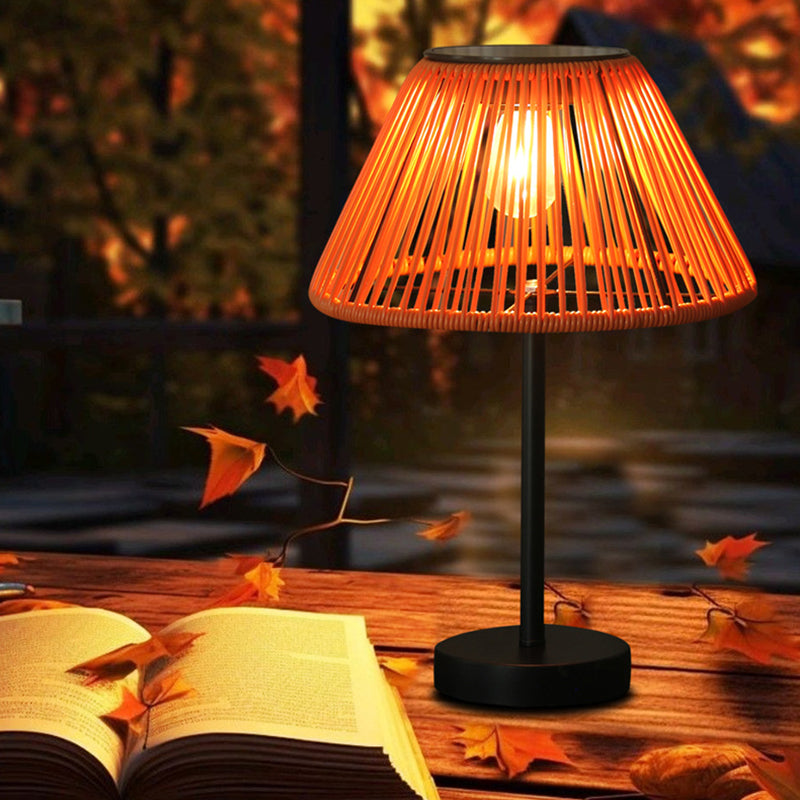 Traditional Farmhouse Waterproof Solar Rechargeable Weaving Gum Rattan Iron Conic LED Outdoor Table Lamp For Garden | Stornfield