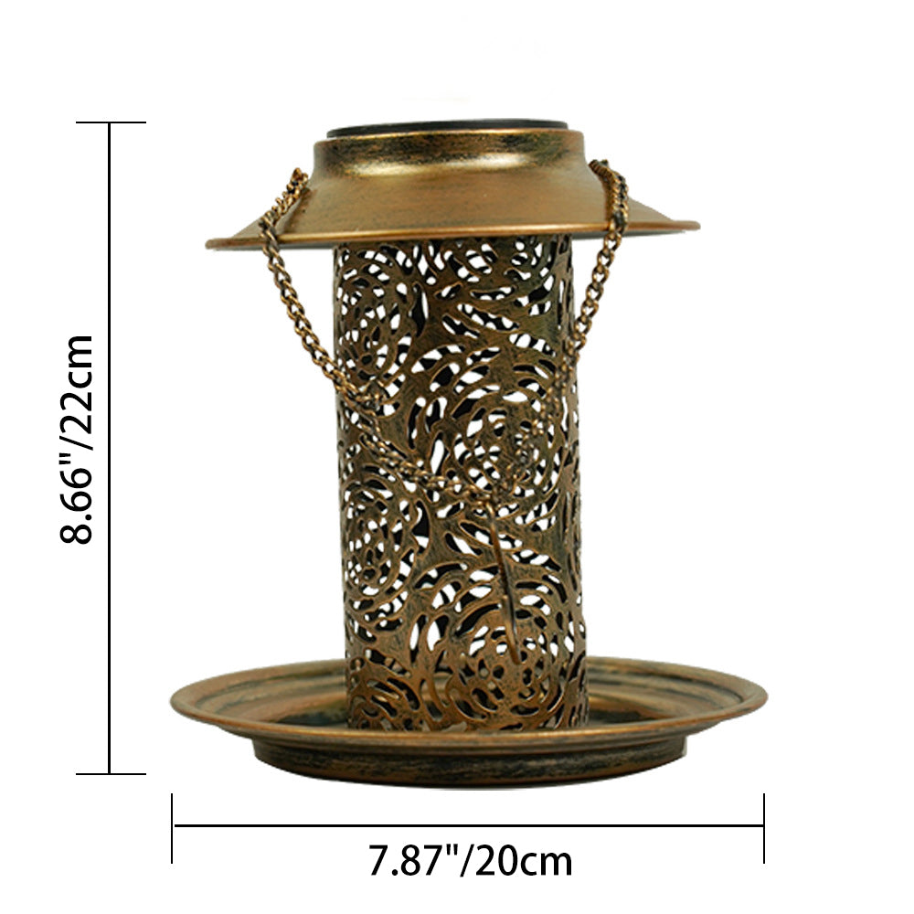 Contemporary Retro Solar Waterproof Iron Bird Feeder Hanging Hollowed Lantern LED Outdoor Light Landscape Lighting For Garden | Stornfield