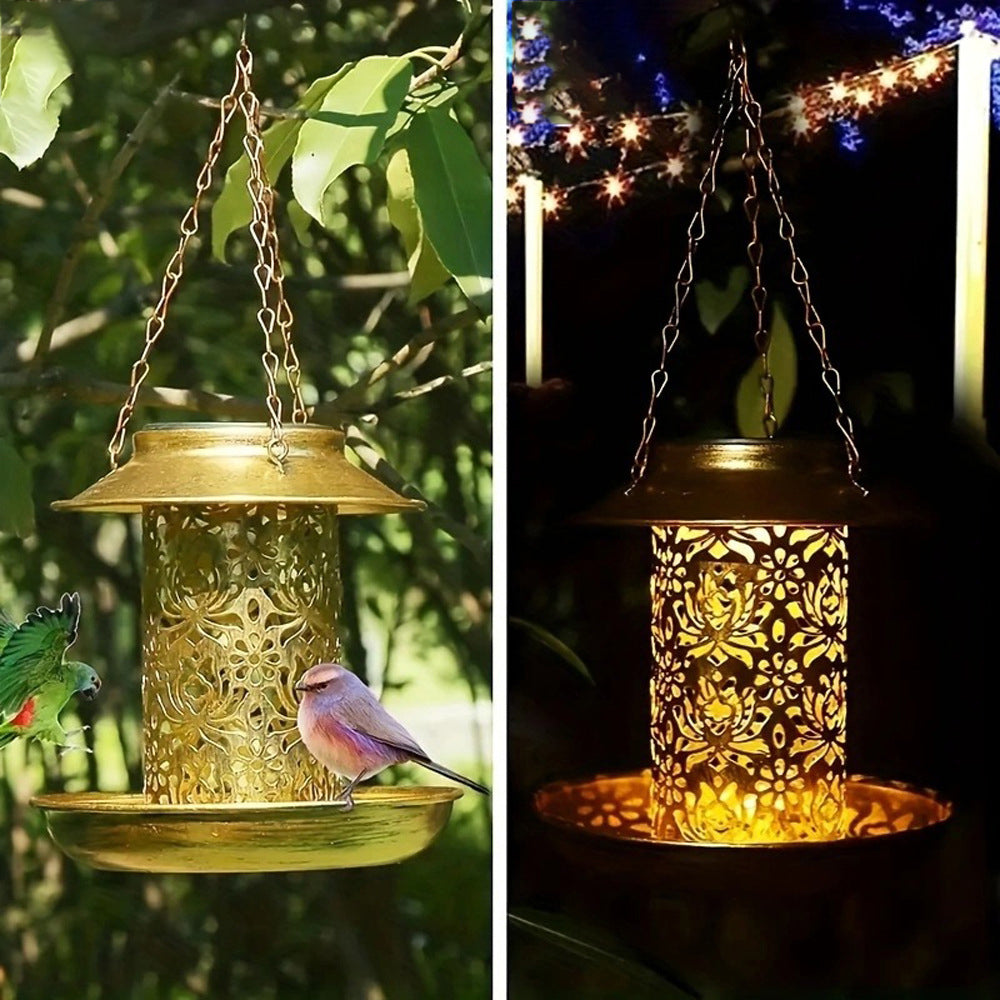 Contemporary Retro Solar Waterproof Iron Bird Feeder Hanging Hollowed Lantern LED Outdoor Light Landscape Lighting For Garden | Stornfield