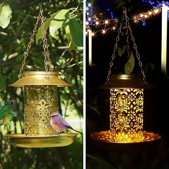 Contemporary Retro Solar Waterproof Iron Bird Feeder Hanging Hollowed Lantern LED Outdoor Light Landscape Lighting For Garden | Stornfield