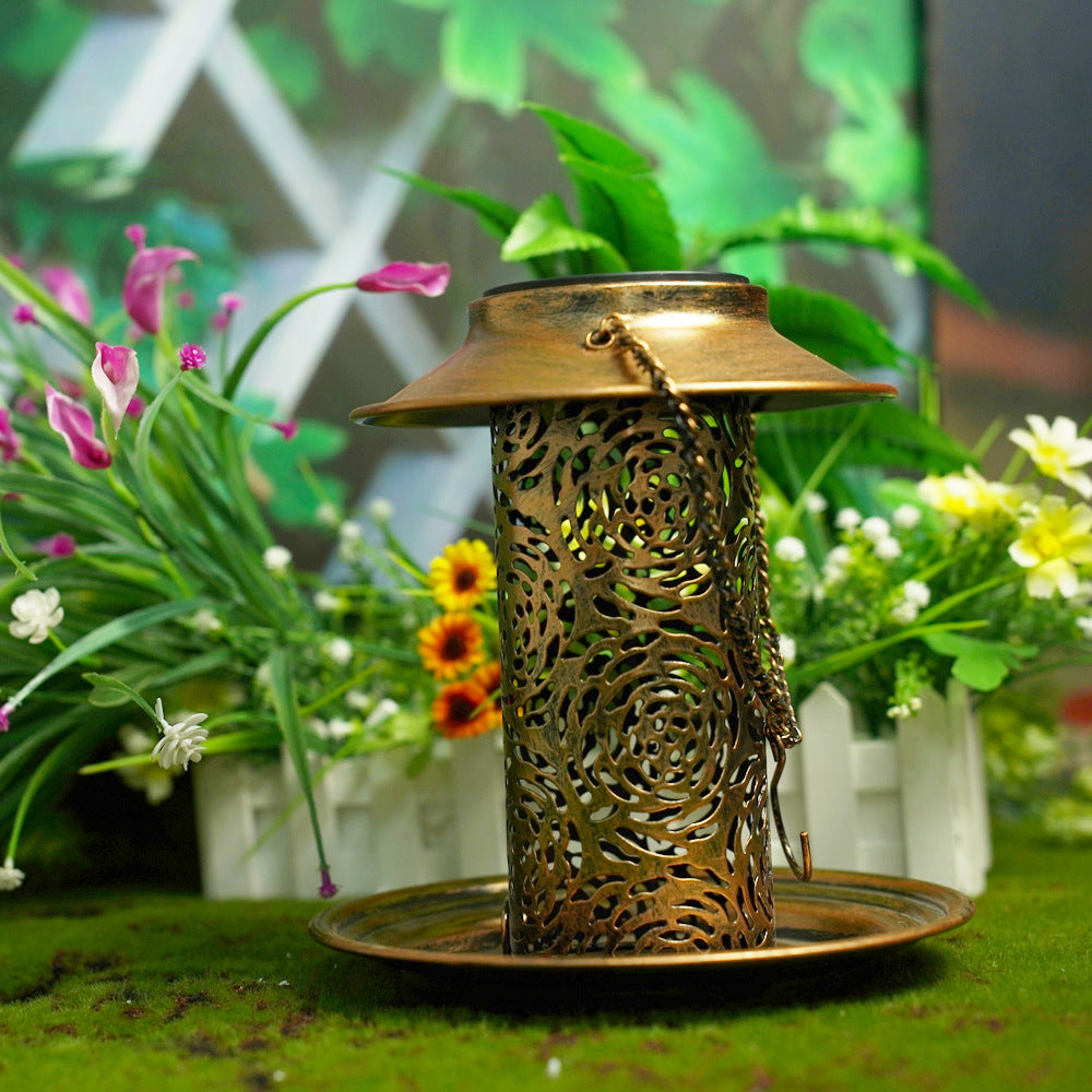 Contemporary Retro Solar Waterproof Iron Bird Feeder Hanging Hollowed Lantern LED Outdoor Light Landscape Lighting For Garden | Stornfield