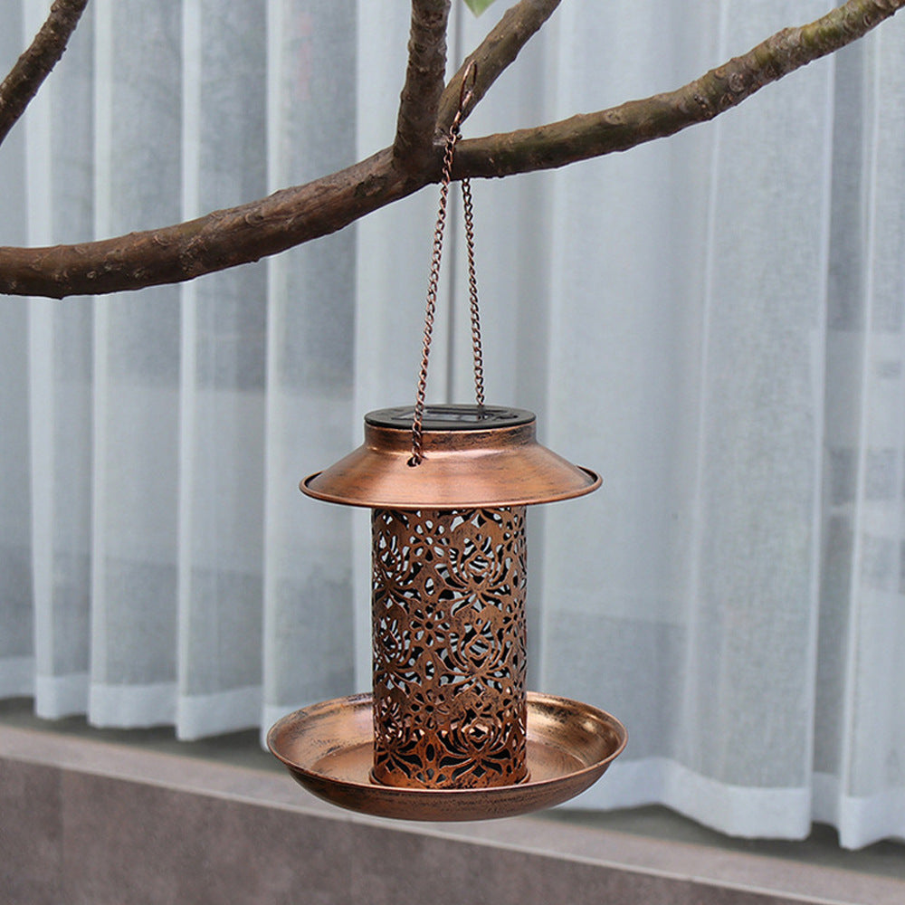 Contemporary Retro Solar Waterproof Iron Bird Feeder Hanging Hollowed Lantern LED Outdoor Light Landscape Lighting For Garden | Stornfield