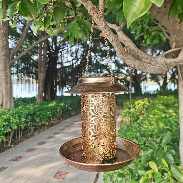 Contemporary Retro Solar Waterproof Iron Bird Feeder Hanging Hollowed Lantern LED Outdoor Light Landscape Lighting For Garden | Stornfield
