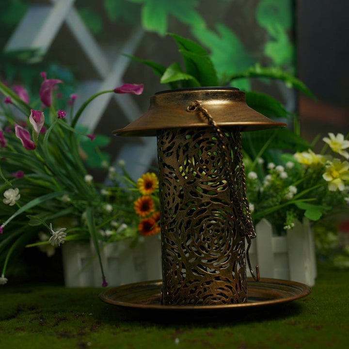 Contemporary Retro Solar Waterproof Iron Bird Feeder Hanging Hollowed Lantern LED Outdoor Light Landscape Lighting For Garden | Stornfield