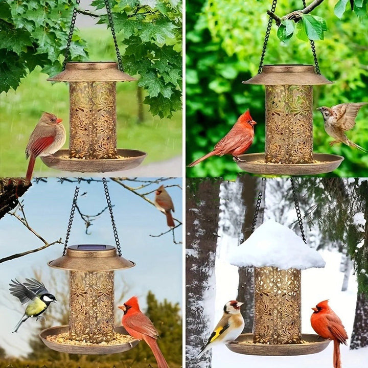 Contemporary Retro Solar Waterproof Iron Bird Feeder Hanging Hollowed Lantern LED Outdoor Light Landscape Lighting For Garden | Stornfield