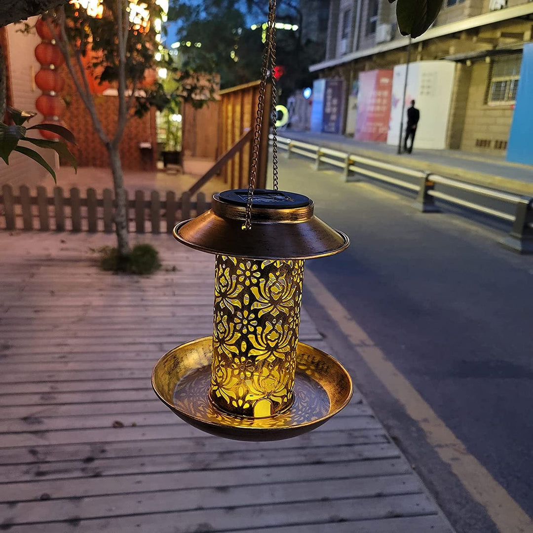 Contemporary Retro Solar Waterproof Iron Bird Feeder Hanging Hollowed Lantern LED Outdoor Light Landscape Lighting For Garden | Stornfield