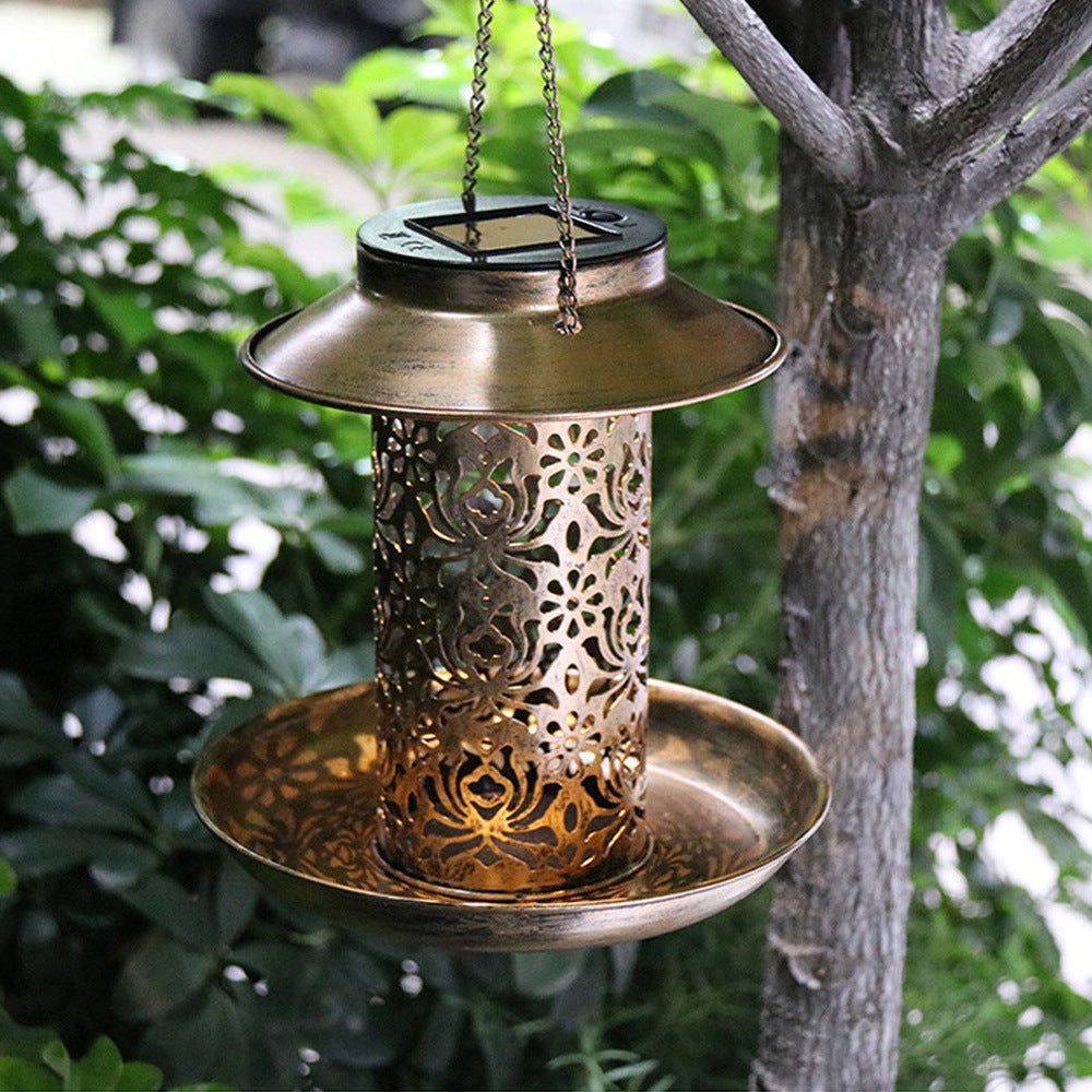 Contemporary Retro Solar Waterproof Iron Bird Feeder Hanging Hollowed Lantern LED Outdoor Light Landscape Lighting For Garden | Stornfield