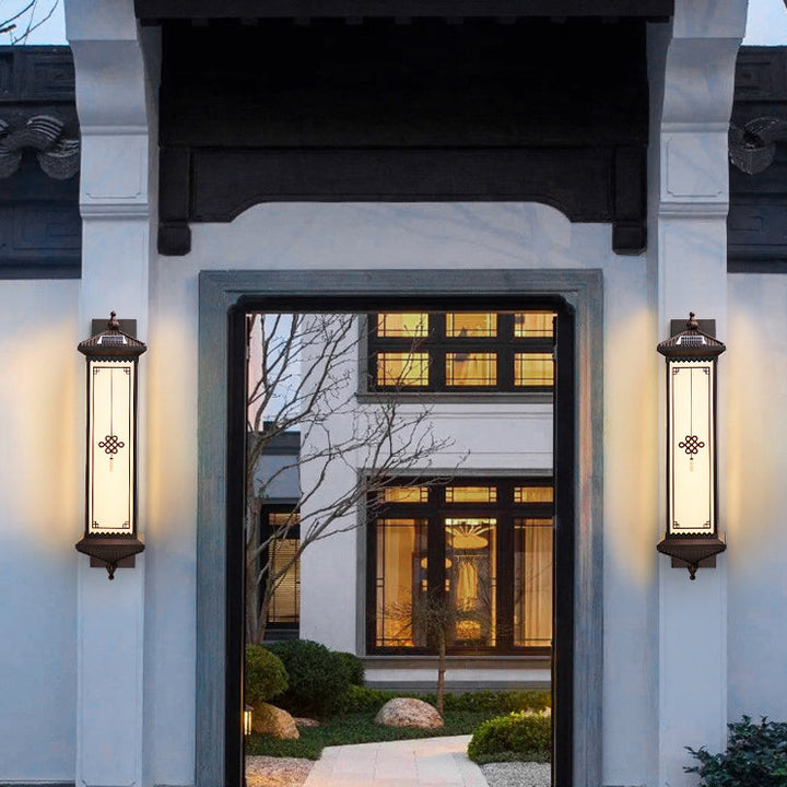 Traditional Chinese Solar Waterproof ABS Aluminum Glass Rectangular Happiness Wealth Pattern LED Wall Sconce Lamp For Outdoor Patio | Stornfield