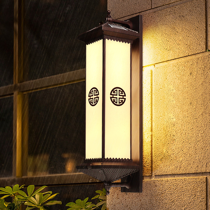 Traditional Chinese Solar Waterproof ABS Aluminum Glass Rectangular Happiness Wealth Pattern LED Wall Sconce Lamp For Outdoor Patio | Stornfield
