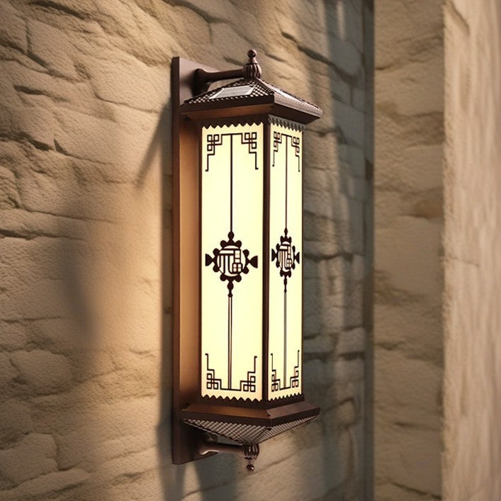 Traditional Chinese Solar Waterproof ABS Aluminum Glass Rectangular Happiness Wealth Pattern LED Wall Sconce Lamp For Outdoor Patio | Stornfield