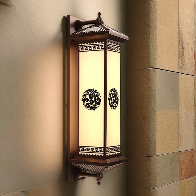 Traditional Chinese Solar Waterproof ABS Aluminum Glass Rectangular Happiness Wealth Pattern LED Wall Sconce Lamp For Outdoor Patio | Stornfield