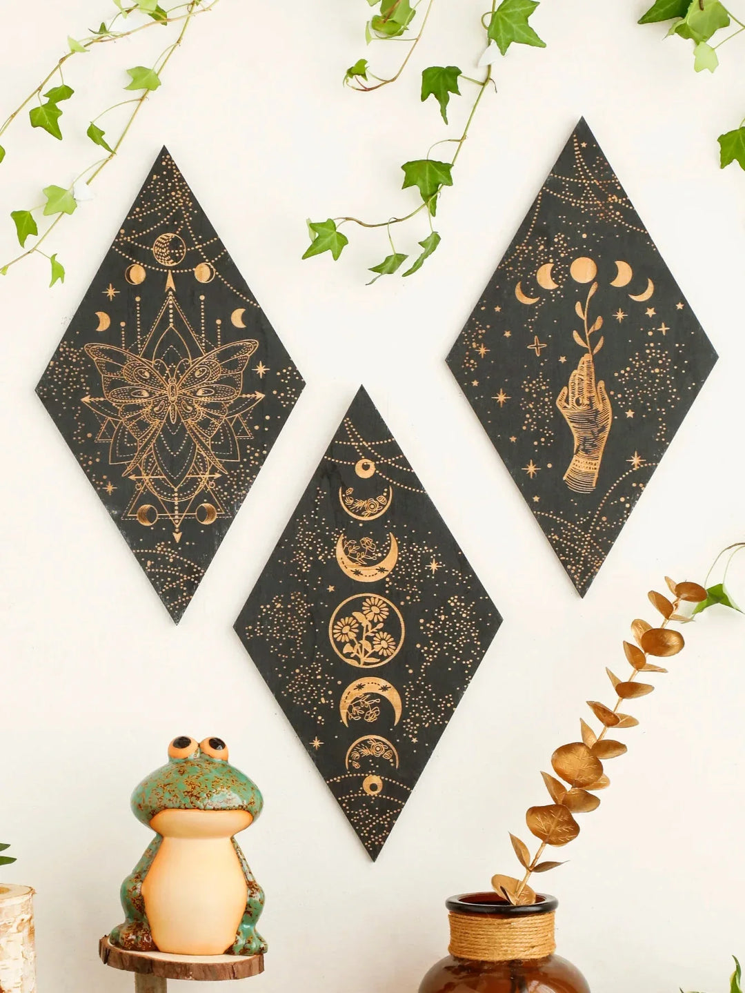 Stornfield | Black Moon Phases Wooden Wall Decor Rhombus Wall Art Boho Home Witchy Tapestry Decor Room Decor Aesthetic Gift