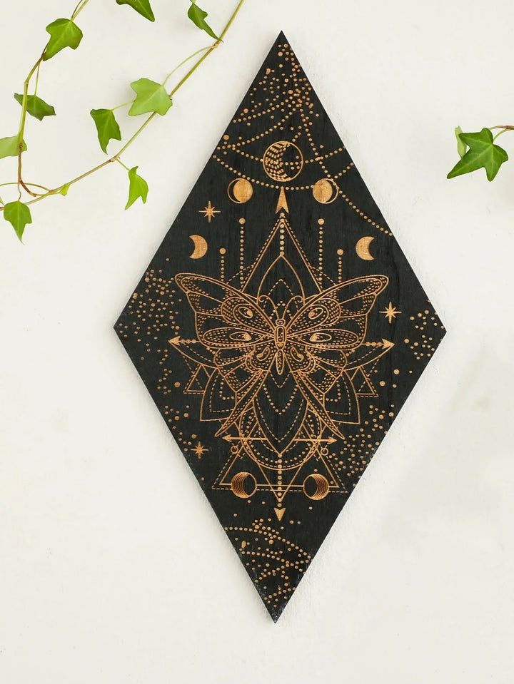 Stornfield | Black Moon Phases Wooden Wall Decor Rhombus Wall Art Boho Home Witchy Tapestry Decor Room Decor Aesthetic Gift