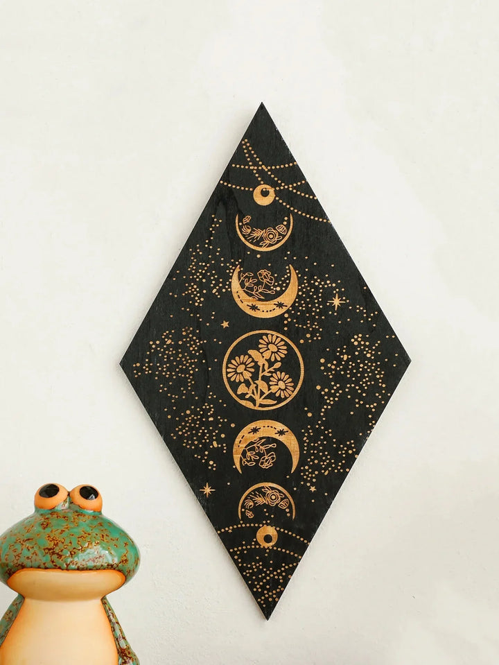 Stornfield | Black Moon Phases Wooden Wall Decor Rhombus Wall Art Boho Home Witchy Tapestry Decor Room Decor Aesthetic Gift