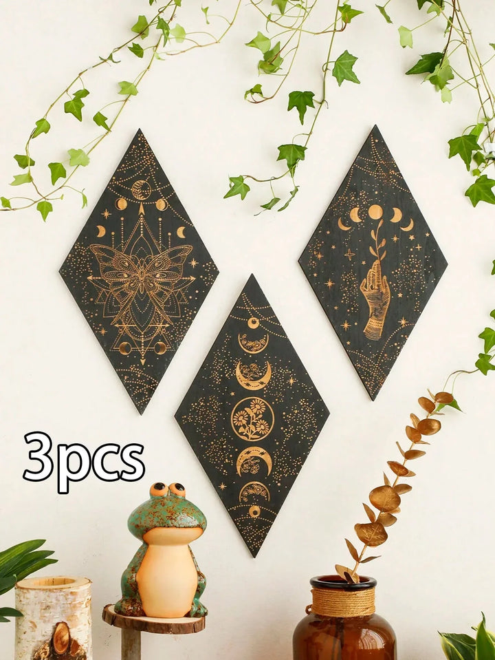Stornfield | Black Moon Phases Wooden Wall Decor Rhombus Wall Art Boho Home Witchy Tapestry Decor Room Decor Aesthetic Gift