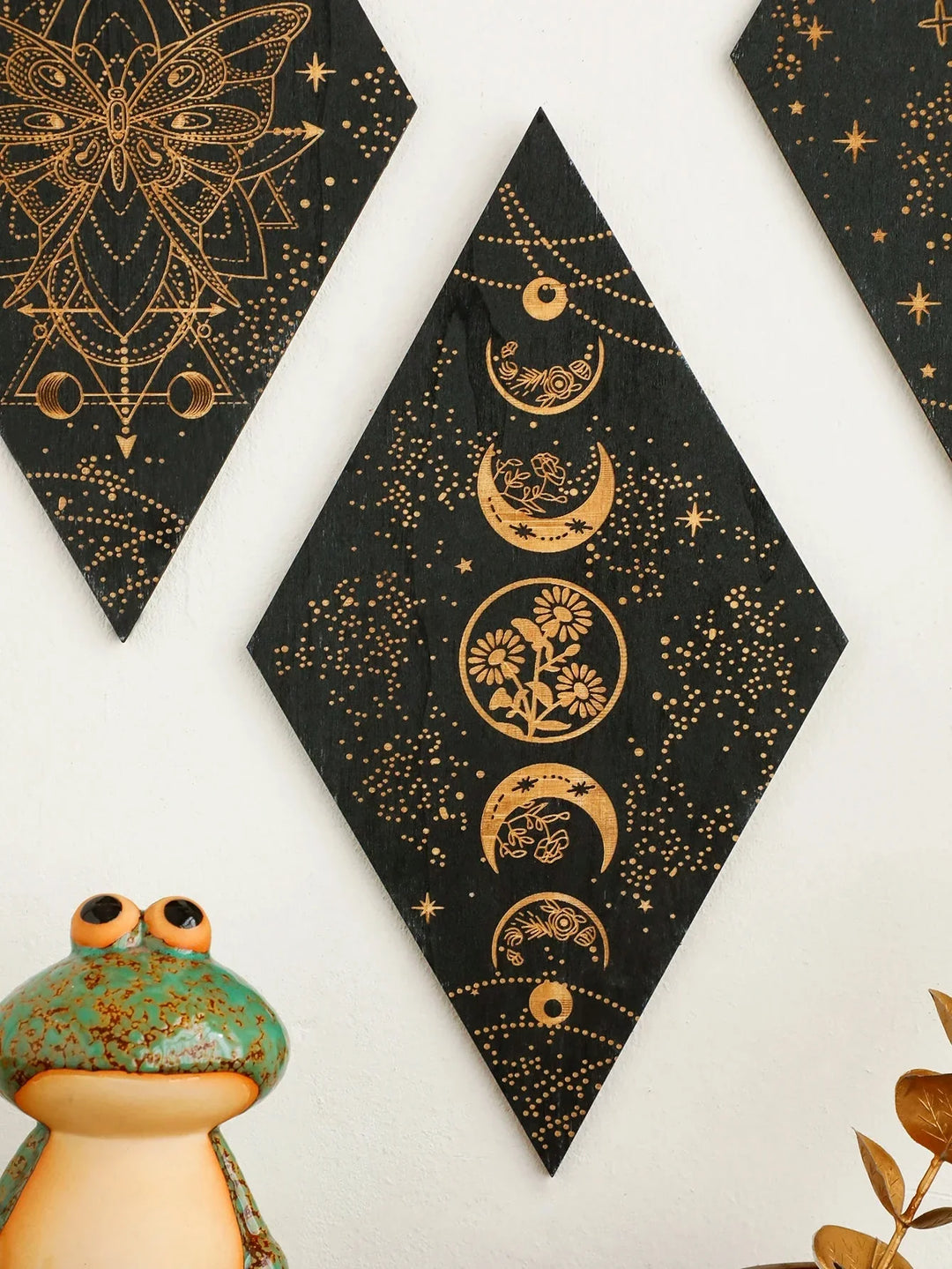 Stornfield | Black Moon Phases Wooden Wall Decor Rhombus Wall Art Boho Home Witchy Tapestry Decor Room Decor Aesthetic Gift