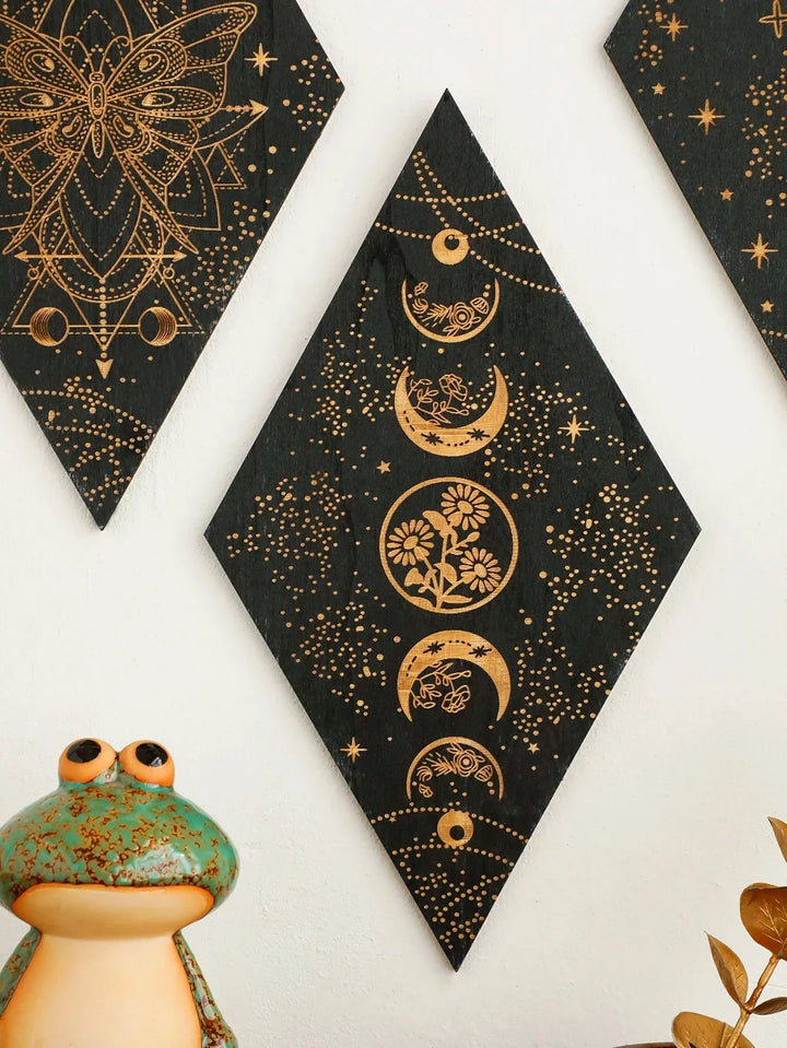 Stornfield | Black Moon Phases Wooden Wall Decor Rhombus Wall Art Boho Home Witchy Tapestry Decor Room Decor Aesthetic Gift