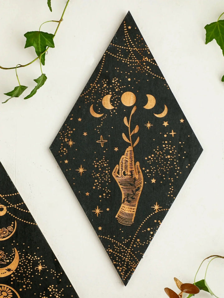 Stornfield | Black Moon Phases Wooden Wall Decor Rhombus Wall Art Boho Home Witchy Tapestry Decor Room Decor Aesthetic Gift