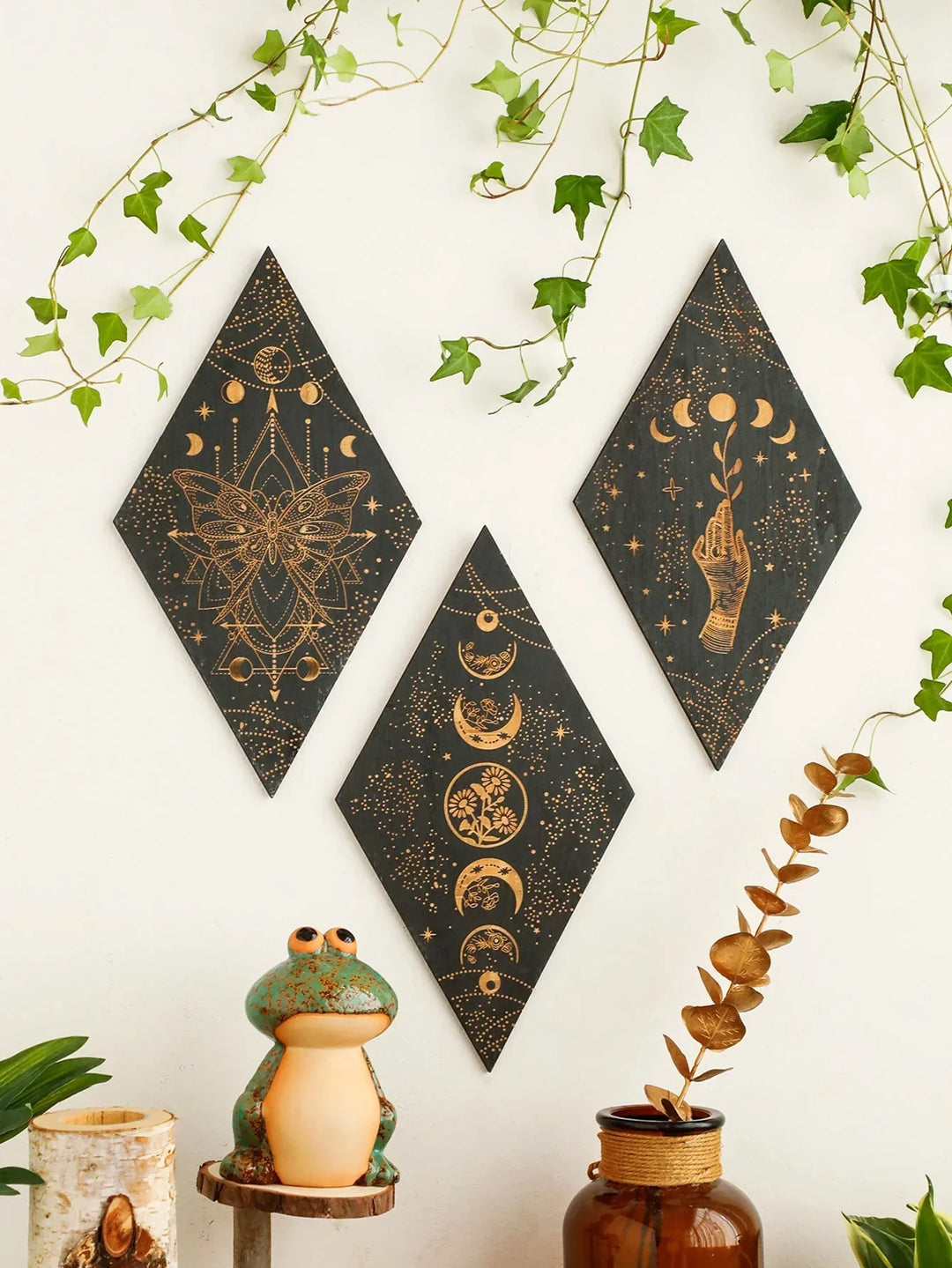 Stornfield | Black Moon Phases Wooden Wall Decor Rhombus Wall Art Boho Home Witchy Tapestry Decor Room Decor Aesthetic Gift