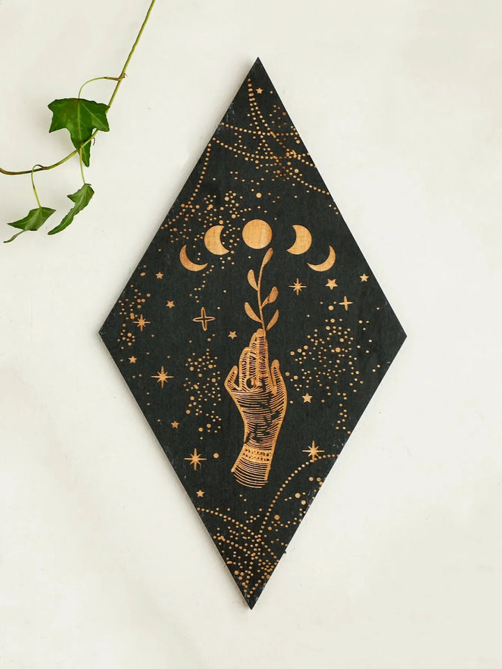 Stornfield | Black Moon Phases Wooden Wall Decor Rhombus Wall Art Boho Home Witchy Tapestry Decor Room Decor Aesthetic Gift