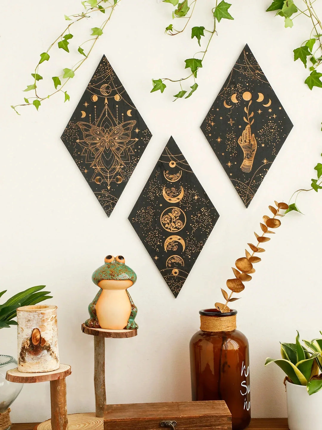 Stornfield | Black Moon Phases Wooden Wall Decor Rhombus Wall Art Boho Home Witchy Tapestry Decor Room Decor Aesthetic Gift