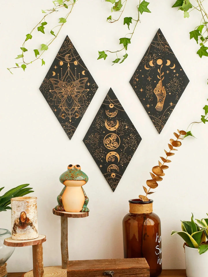 Stornfield | Black Moon Phases Wooden Wall Decor Rhombus Wall Art Boho Home Witchy Tapestry Decor Room Decor Aesthetic Gift