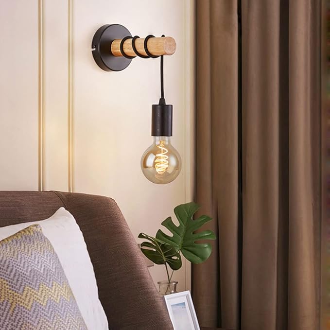 Black Industrial Wall Bedside Lamp with Wooden Base | Stornfield