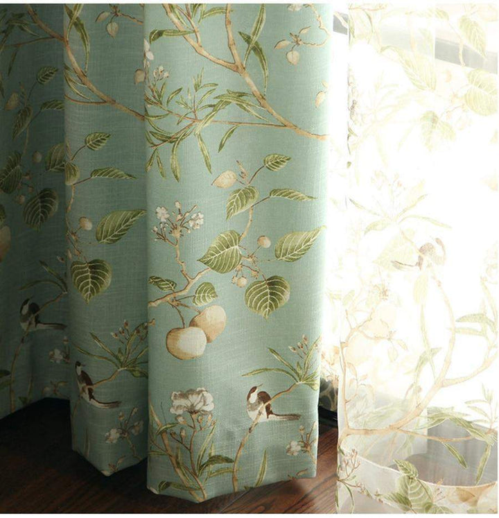 Blackout Blue Curtains with Floral Bird Patterns Stornfield