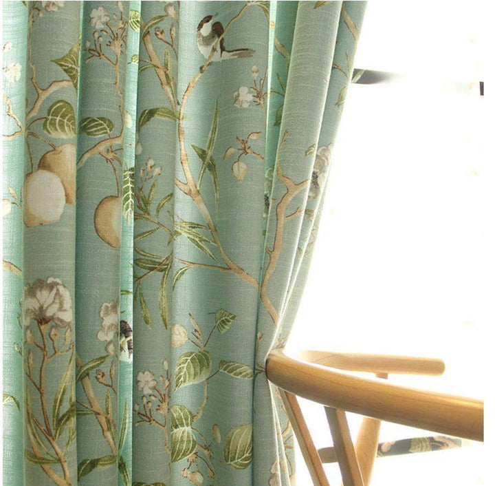 Blackout Blue Curtains with Floral Bird Patterns Stornfield