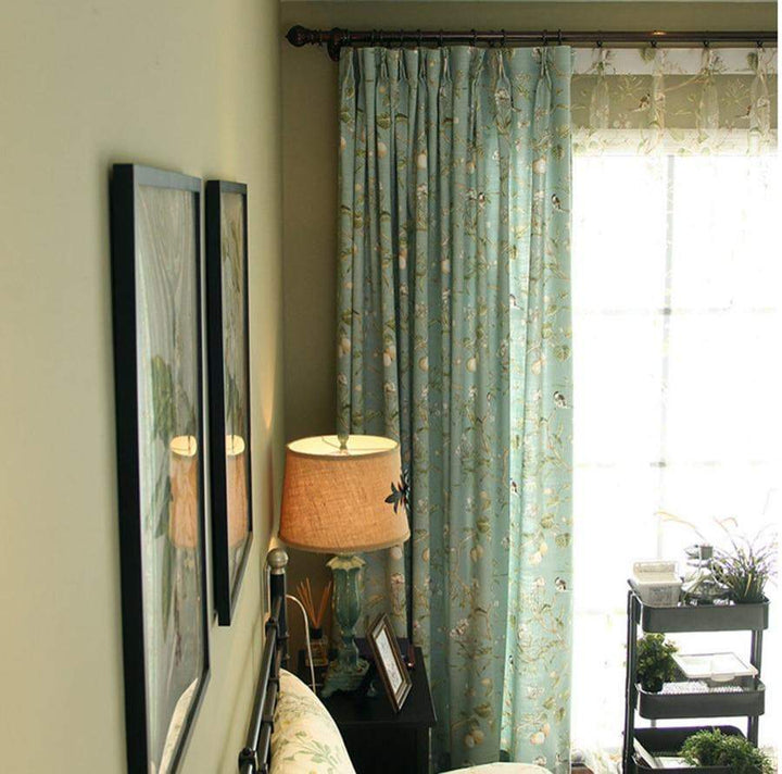 Blackout Blue Curtains with Floral Bird Patterns Stornfield