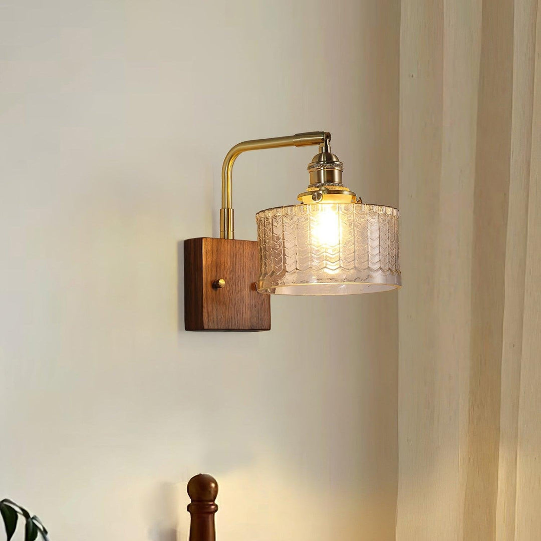 Rustic Green Glass Wall Light with Wooden Base | Stornfield