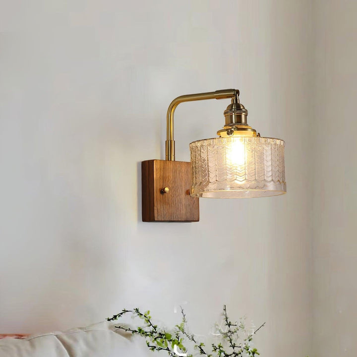 Rustic Green Glass Wall Light with Wooden Base | Stornfield