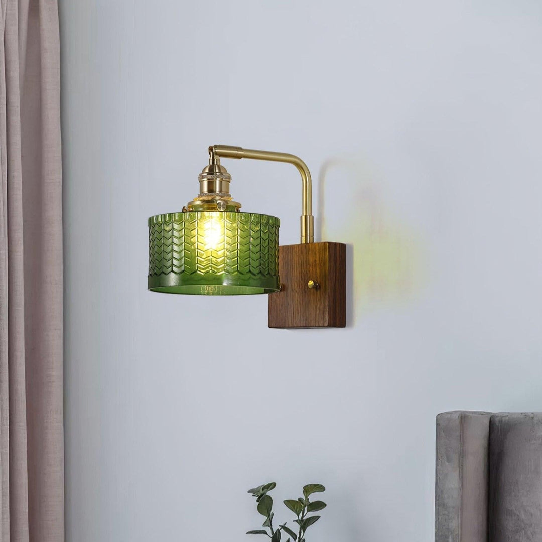 Rustic Green Glass Wall Light with Wooden Base | Stornfield