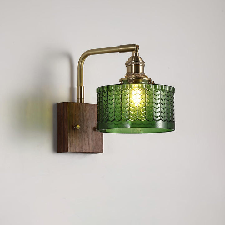 Rustic Green Glass Wall Light with Wooden Base | Stornfield