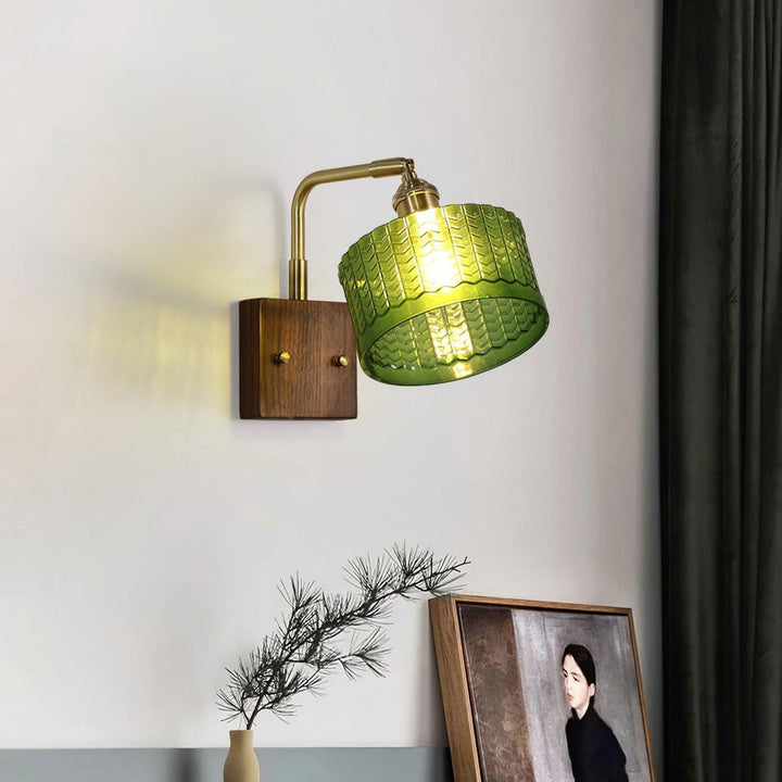 Rustic Green Glass Wall Light with Wooden Base | Stornfield