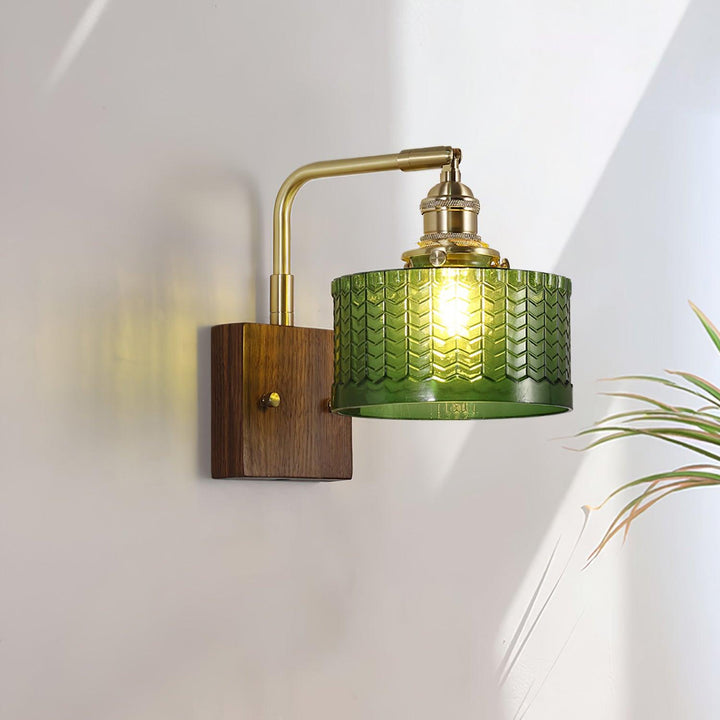 Rustic Green Glass Wall Light with Wooden Base | Stornfield