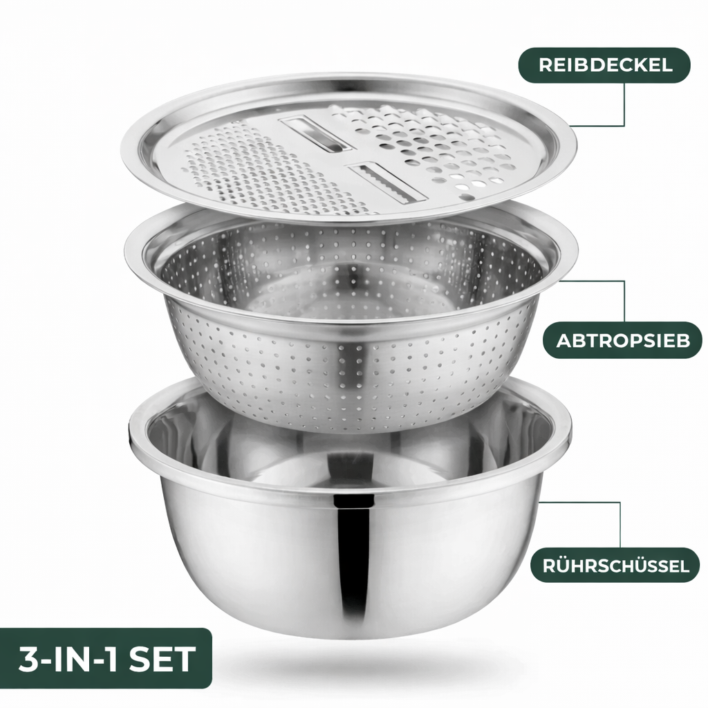 3-in-1 Mixing Bowl Set Stainless Steel with Grater and Sieve | Stornfield