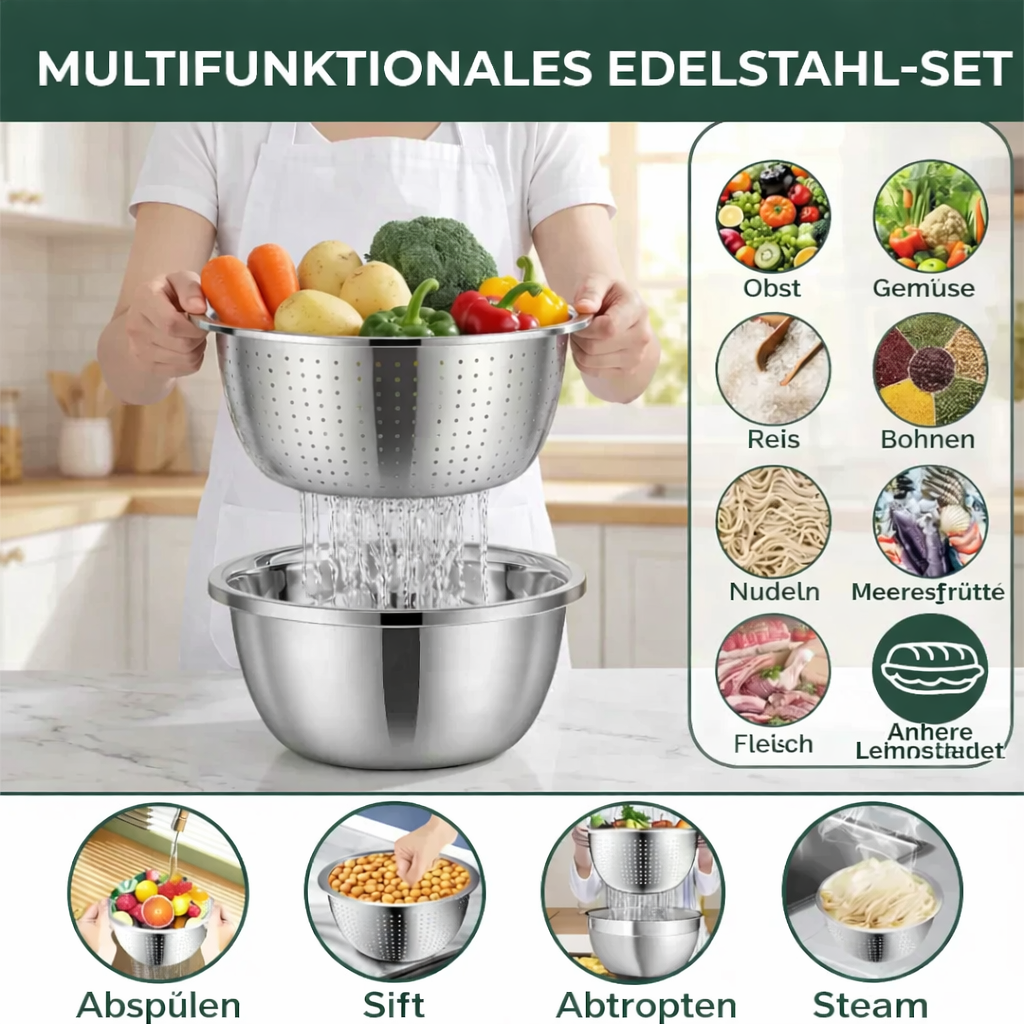 3-in-1 Mixing Bowl Set Stainless Steel with Grater and Sieve | Stornfield