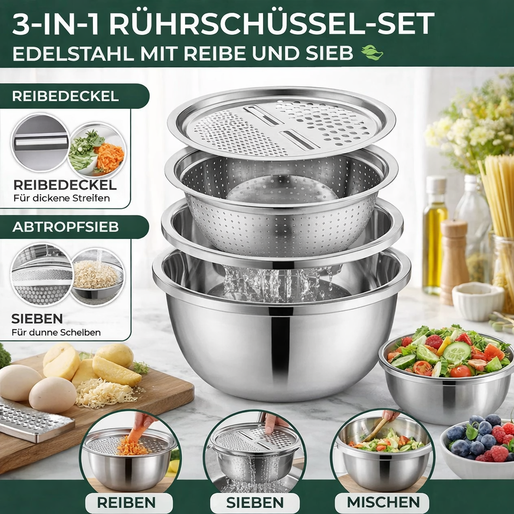 3-in-1 Mixing Bowl Set Stainless Steel with Grater and Sieve | Stornfield