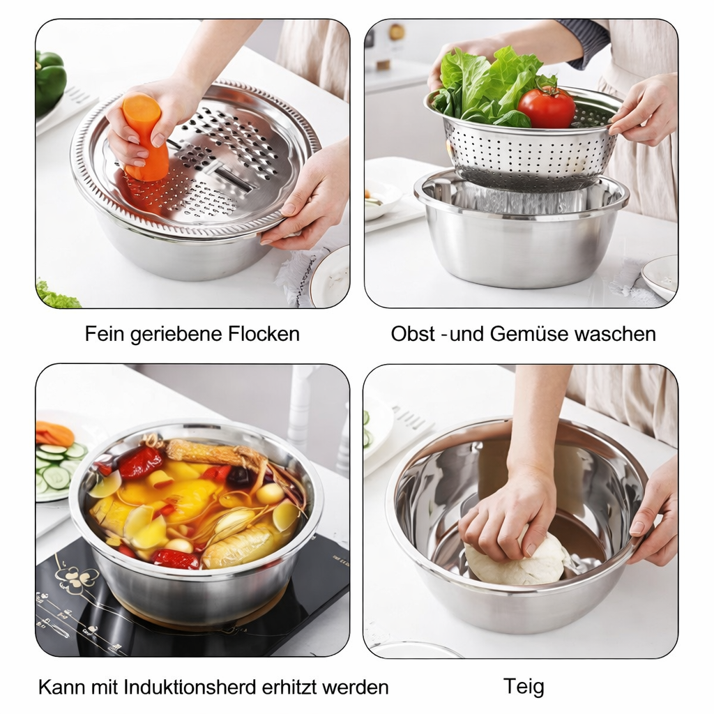 3-in-1 Mixing Bowl Set Stainless Steel with Grater and Sieve | Stornfield