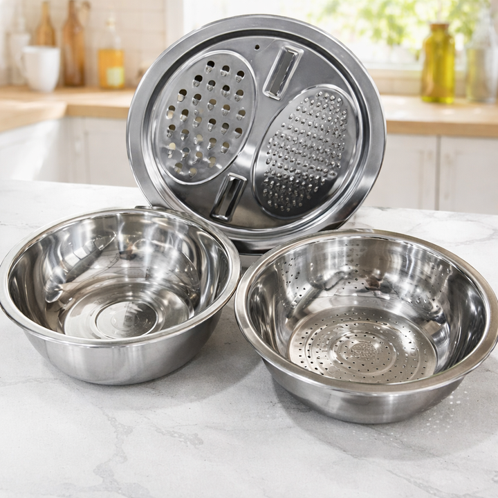 3-in-1 Mixing Bowl Set Stainless Steel with Grater and Sieve | Stornfield