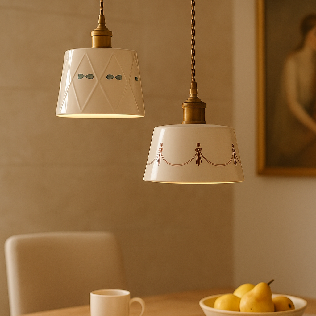 Elegant pendant light with classic Stornfield ceramic pattern